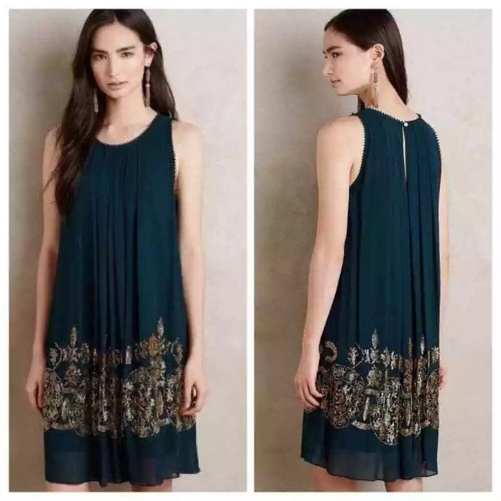 Anthropologie Not So Serious Brenta Beaded Swing Gold Emerald Dress Size 4